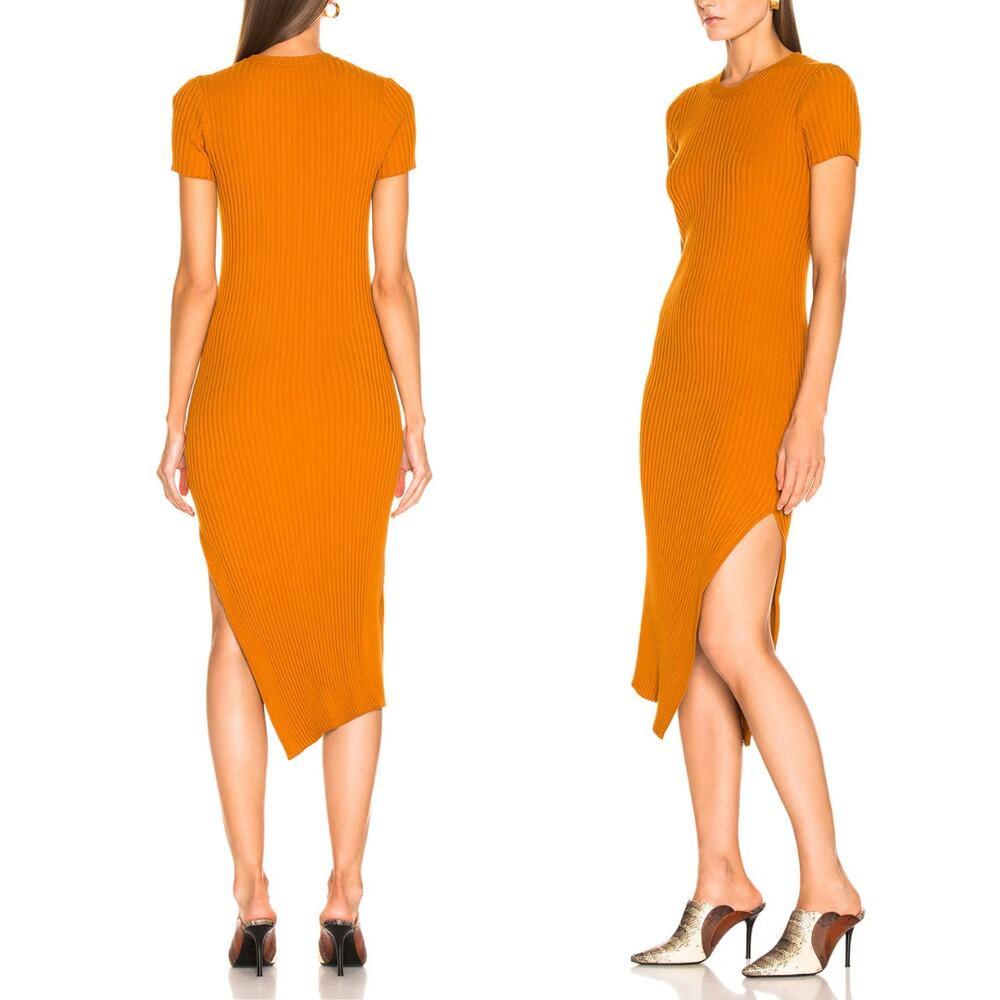 A.L.C. Minetta Orange Ribbed Fitted Bodycon Asymmetrical Slit Dress - Picture 2 of 10